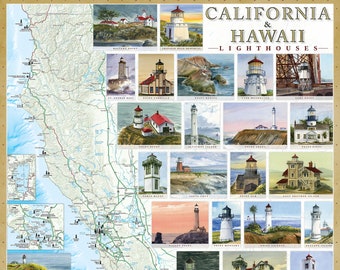 California & Hawaii Lighthouses: Illustrated Map Poster. Beautiful watercolor art. Laminated no glare. 24x36 inches.