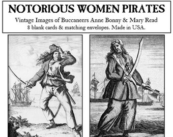 Women Pirates Notecard Set. Vintage b&w portraits of notorious 18c female buccaneers Anne Bonny and Mary Read. Gift for woman warrior fan.