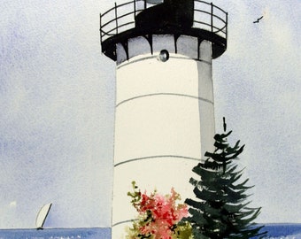 East Chop Lighthouse, Oak Bluffs, Martha's Vineyard, Mass. Portrait view, roses, sailboat. Jean Andrew watercolor art prints, notecards.