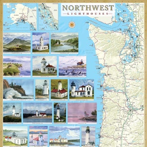 Pacific Northwest Lighthouses Illustrated Map Poster. Oregon, Washington et Alaska. Art à l’aquarelle. Laminé aucun éblouissement. 24x36 pouces.