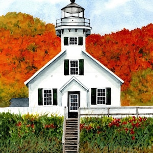 Mission Point Lighthouse, Peninsula Township, Grand Traverse Bay, Michigan. Glowing autumn portrait. Rob Thorpe watercolor prints, notecards