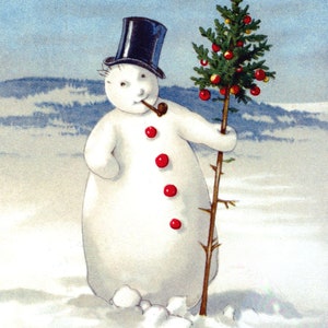 Bonhomme de neige câlin tenant l'arbre de Noël. Pipe « Joyeuses Fêtes », haut de forme, boutons pomme rouge. Cartes de portrait de carte de vœux vintage.