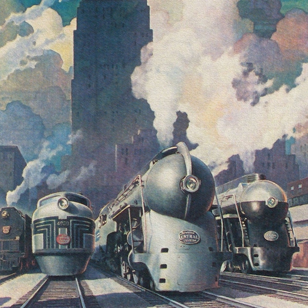 New York Central Art Deco Steam Trains, Chicago Board of Trade Skyscraper c1940. New portrait prints, notecards of vintage travel poster