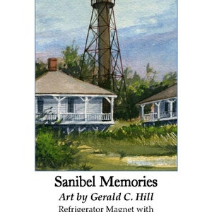Coffret cadeau Portrait Sanibel Memories. Côte historique du golfe de Floride. Aimant de réfrigérateur & mini notes A1 de peinture à l’aquarelle de Gerald Hill