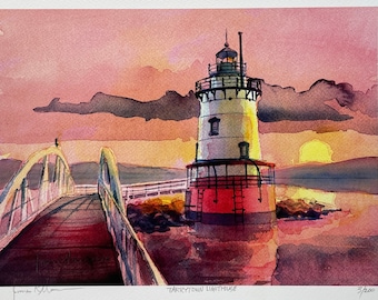 Tarrytown Lighthouse Sunset, Sleepy Hollow, New York. Watercolor landscape. Last of James Mann signed & numbered giclée art prints