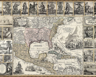 Pirate Map Poster 24x36" landscape. Golden Age of Pirates historic art. Jolly Roger flag, women, swords, ships, treasure, battles, Caribbean