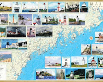 Maine Lighthouses Illustrated Map Poster. Beautiful watercolor paintings of 35 lights. No-Glare Lamination. 24" high x 36" wide.