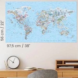 Carte murale du monde de la plongée. 500 meilleurs sites de plongée internationaux. Affiche dessinée à la main, paysage 22 x 38 pouces. Inscriptible. Cadeau parfait pour les plongeurs !