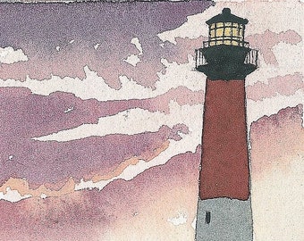 Barnegat Lighthouse Sunset, New Jersey Shore. Purple & gold sky over Old Barney. Peter M. Mason watercolor portrait art prints, notecards.