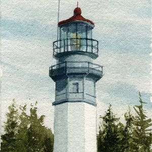 Grays Harbor Lighthouse, the Pride of Westport, Washington. Tall tower & trees. Gerald Hill watercolor portrait art prints, notecards.