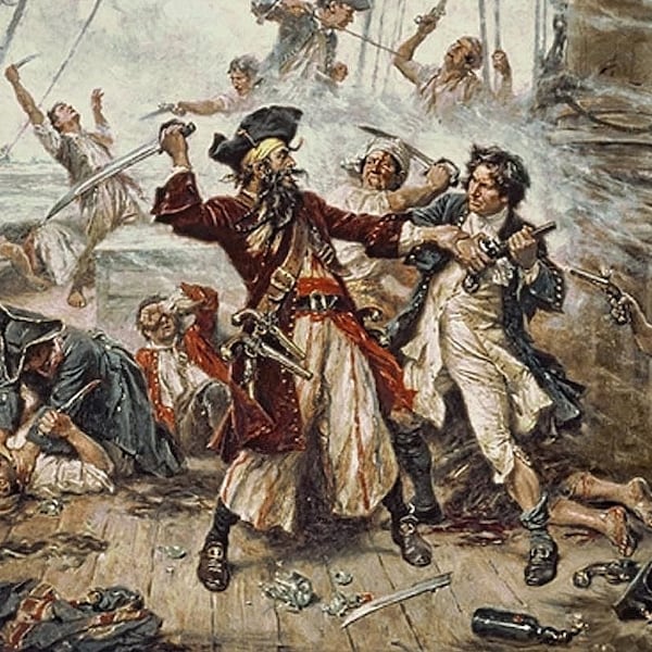 Blackbeard's Final Sword Fight with British Officer Robert Maynard, Ocracoke, NC. New 5x7 notecards of vintage 1920 pirate art