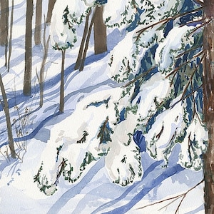 Arbres à feuilles persistantes enneigés. Impressions giclées de portraits muraux représentant une aquarelle de Diana Hertz.