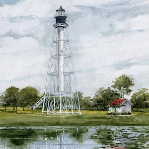 Phare du cap San Blas, Port St. Joe, côte oubliée du golfe de Floride. Tour et reflets. Impressions de portraits aquarelles Gerald Hill, cartes pour correspondance