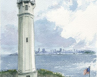 Alcatraz Lighthouse, San Francisco Bay CA. Historic tower soars over notorious prison. Gerald Hill watercolor portrait art prints, notecards