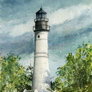 Phare de Key West, Floride. Vue portrait. Clôture. Impressions d'art aquarelle Gerald Hill et cartes pour correspondance