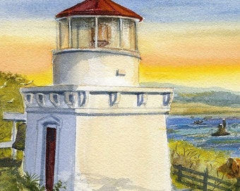 Trinidad Head Lighthouse, California. Golden sunset over Trinidad Bay coastline. Gerald Hill watercolor portrait prints, notecards