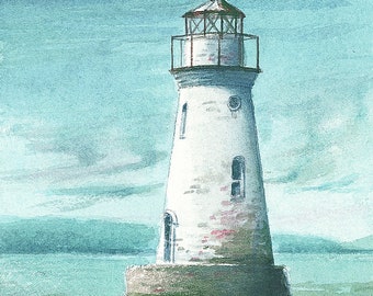 Cockspur Island Lighthouse, Georgia. Portrait view. Gerald Hill watercolor art prints & notecards.
