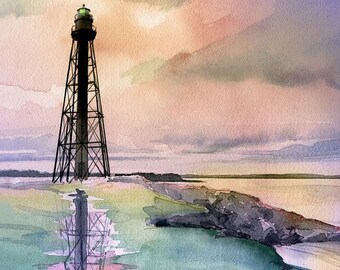 Marblehead Lighthouse, Massachusetts. Romantic sunset reflections at Chandler Hovey Park. James Mann watercolor portrait prints, notecards.