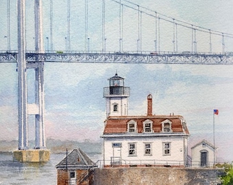 May include: A watercolor painting of a white lighthouse with a red roof and a gray stone wall. The lighthouse is located on a small island with a bridge in the background. The water is a light blue color and the sky is a light gray color.