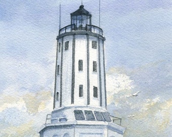 Los Angeles Harbor Lighthouse, San Pedro, California. Art Deco tower & puffy clouds. Gerald Hill watercolor portrait prints, notecards.