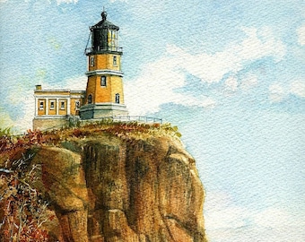 Split Rock Lighthouse, Lake Superior, Minnesota. Golden autumn portrait. Gerald C. Hill watercolor art prints & notecards.