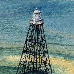 Phare de Sand Key, Floride. Verticale de tour de récif de squelette dans l’eau tourbillonnante près de Key West. Gerald Hill aquarelle imprime et notecards.