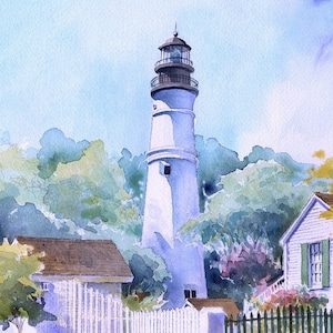 Phare de Key West, Floride. Vue portrait d'un coin de rue avec clôture et jardin. Impressions d'art aquarelle James Mann, cartes pour correspondance