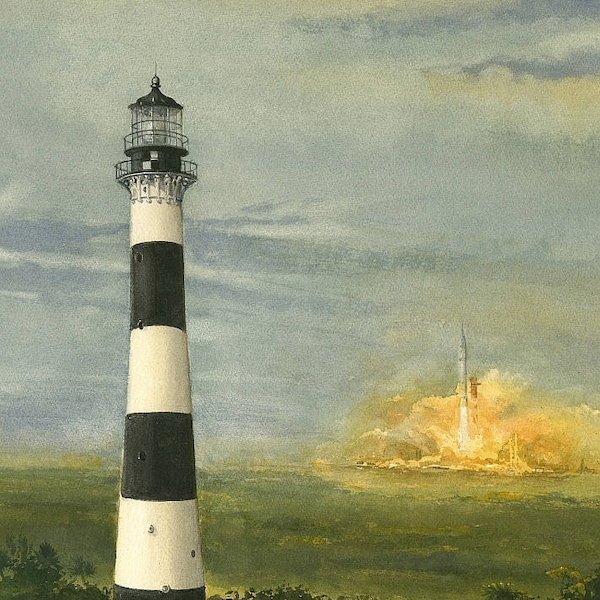 Cape Canaveral Lighthouse & 1970s Rocket Launch, Florida. Kennedy Space Center. Gerald C. Hill watercolor portrait art prints, notecards