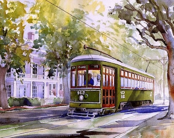 New Orleans Garden District Streetcar under sun-dappled trees by Victorian house. Romantic landscape James Mann watercolor prints, notecards