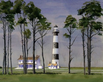 Bodie Island Lighthouse & Keeper's House, Outer Banks, NC. Landscape with stripes, pine trees. James Mann watercolor art prints, notecards.