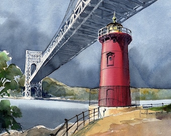 Little Red Lighthouse under George Washington Bridge, NYC. Jeffreys Hook, Hudson River. James Mann watercolor landscape prints, notecards.