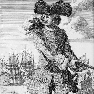 May include: A black and white engraving of a man in a feathered hat and ornate clothing. He is standing with his right hand on his hip and his left hand holding a sword. There are ships in the background.