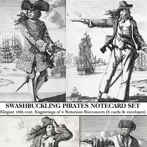 May include: Set of four black and white notecards featuring engravings of 18th century pirates. The notecards are part of a set called "Swashbuckling Pirates Notecard Set".