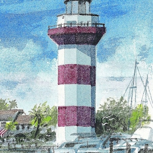 May include: A red and white striped lighthouse with a white roof and a small window on the top. The lighthouse is surrounded by trees and water.