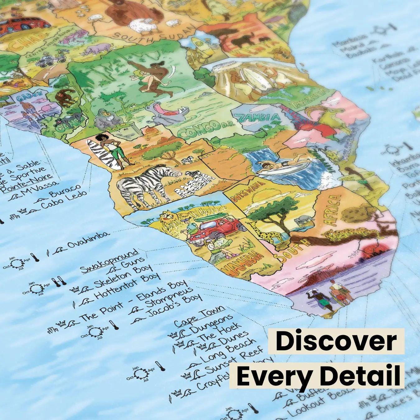World Surfing Wall Map. Best 1000 Surf Spots & Beaches on Earth. Hand ...