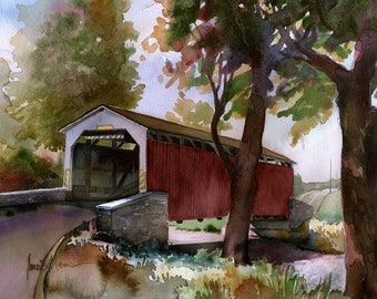 Erb's Covered Bridge, Lititz, Lancaster County, PA. Red bridge, rural summer morning landscape. James Mann watercolor prints, notecards