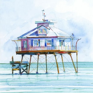 Mobile Bay Middle Ground Lighthouse, Alabama Gulf Coast. Tropical pastel colors. Ken Matthew watercolor portrait prints & notecards