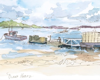 Maine Lobster Boats in Breezy Bay. Giclée fine art wall prints of Diana Hertz watercolor and ink landscape painting.