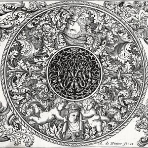 Página para colorear imprimible de arte vintage de mandala barroco. Fantasía intrincada con caras, querubines, hojas. ¡Da rienda suelta a tu creatividad cottagecore!