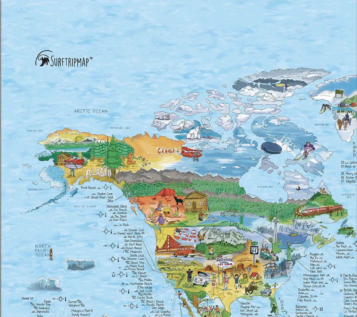 World Surfing Wall Map. Best 1000 Surf Spots & Beaches on Earth. Hand ...
