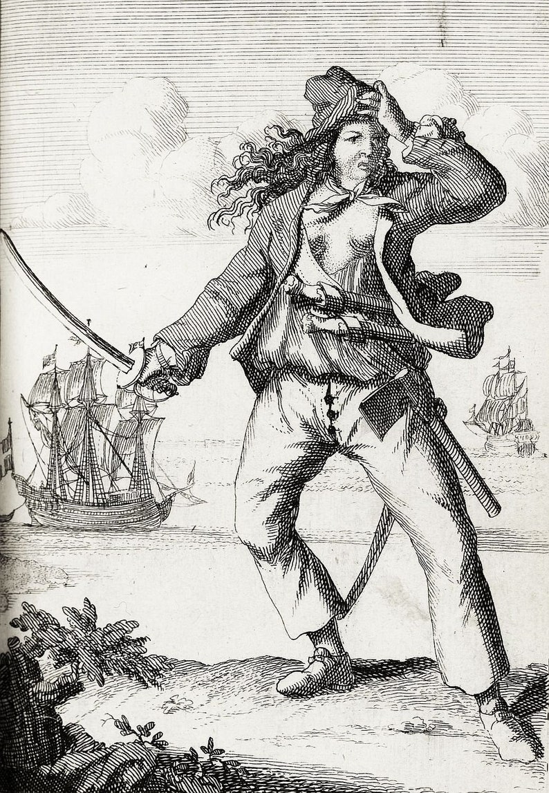 May include: A black and white engraving of a woman pirate standing on a rocky shore, holding a sword in her right hand. She is wearing a jacket, pants, and a hat. A ship is in the background.