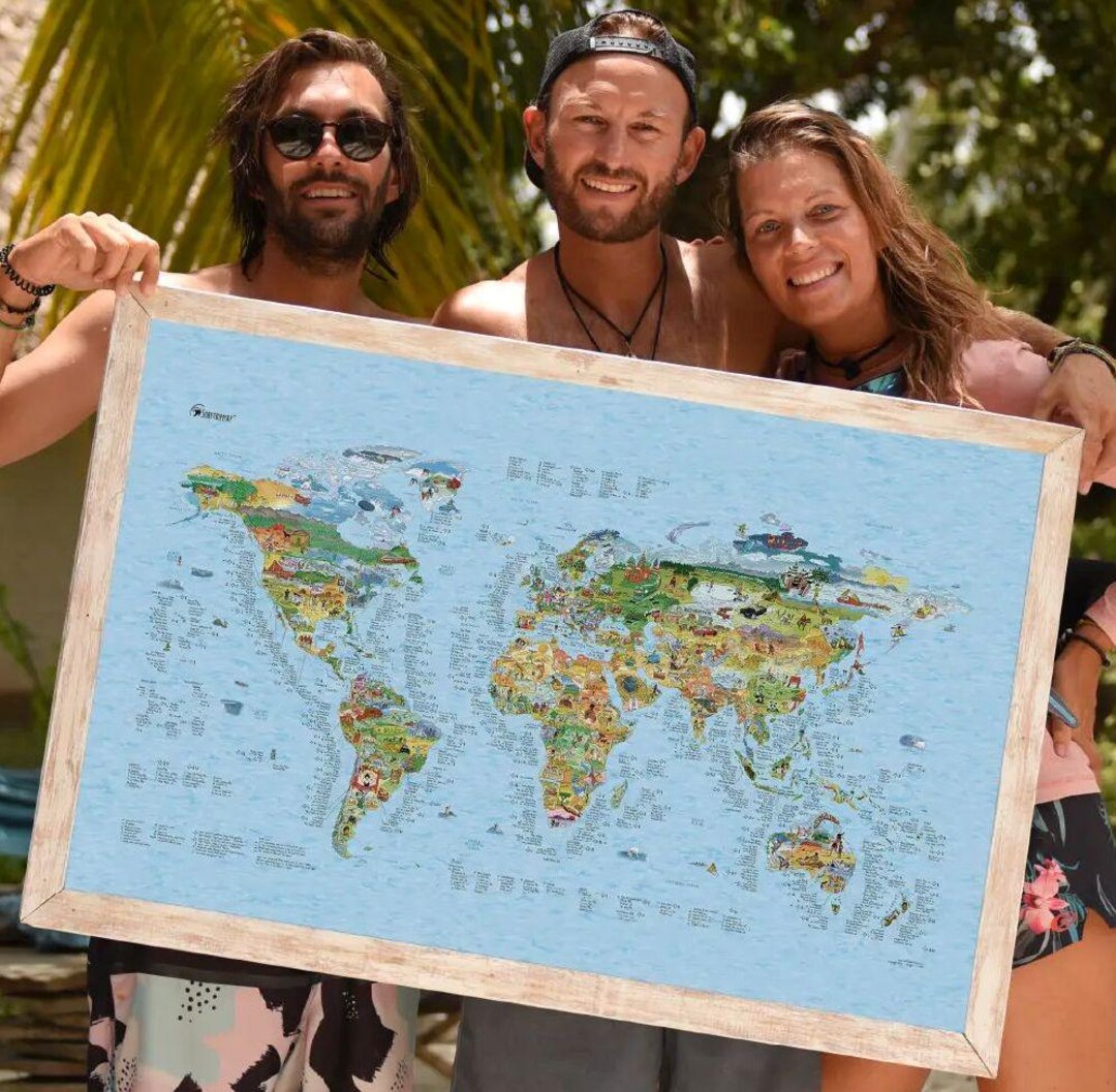 World Surfing Wall Map. Best 1000 Surf Spots & Beaches on Earth. Hand ...