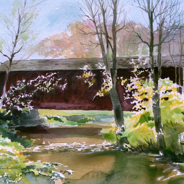 Pine Valley Covered Bridge, Bucks County, PA. Sunny spring landscape. James Mann watercolor prints in 2 sizes, notecards, mini notes.