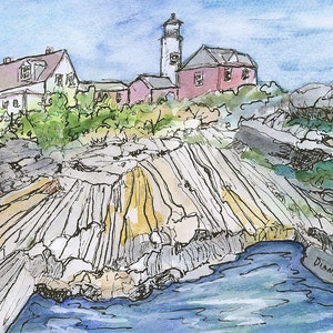 May include: Watercolor painting of a lighthouse on a rocky coastline with a small body of water in the foreground. The lighthouse is white with a red roof and is surrounded by trees and houses. The rocks are a light gray color with some yellow and brown accents. The water is a light blue color.