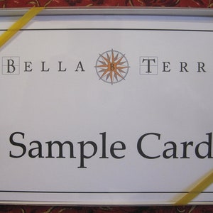 Puede incluir: Una tarjeta blanca con una br&uacute;jula y el texto "BELLA TERRA" en negro. El texto "Sample Card" est&aacute; impreso en negro debajo del logotipo.