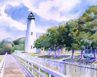 May include: A white lighthouse with a black roof stands tall against a blue sky with white clouds. A wooden walkway leads to the lighthouse, surrounded by a white picket fence and green trees.