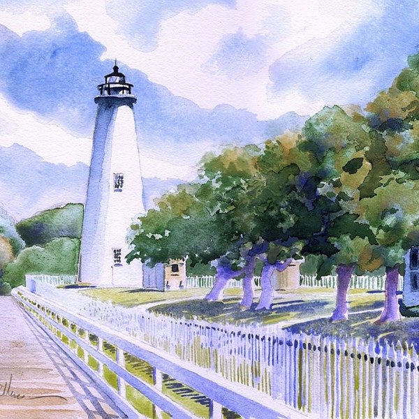 Ocracoke Island Lighthouse, Outer Banks North Carolina. White tower, fence, trees, clouds. James Mann watercolor landscape prints, notecards