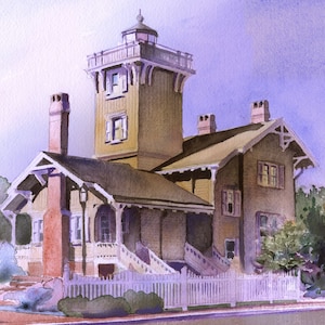 May include: A watercolor painting of a yellow lighthouse with a white picket fence in front of it. The lighthouse has a large tower with a small house attached to it. The house has a porch with steps leading up to it. There are trees and bushes in the background.