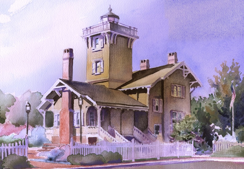 May include: A watercolor painting of a yellow lighthouse with a white picket fence in front of it. The lighthouse has a large tower with a small house attached to it. The house has a porch with steps leading up to it. There are trees and bushes in the background.