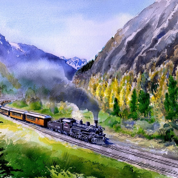 Durango & Silverton Scenic Railroad, CO. Steam train in beautiful Rocky Mountains autumn landscape. James Mann watercolor prints, notecards